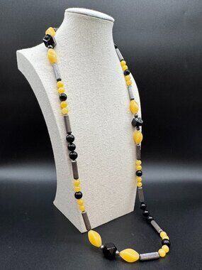 Vintage Necklace Yellow Quartz, Silver and Black Glass Beads 30 inches